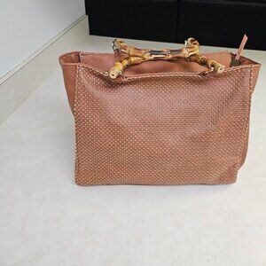 CHICO'S: Brown Perforated Handbag/Tote. Faux Bamboo Handles. Gold Zipper.